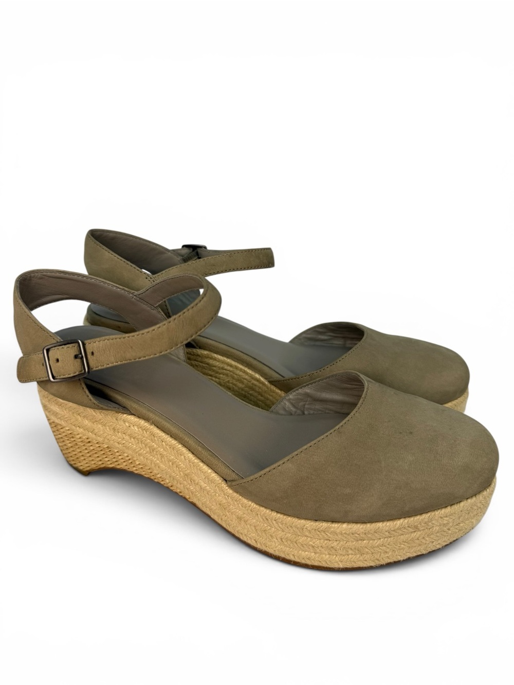 Eileen Fisher Taupe Nubuck Espadrille Wedge Ankle Strap Shoes Size 8.5